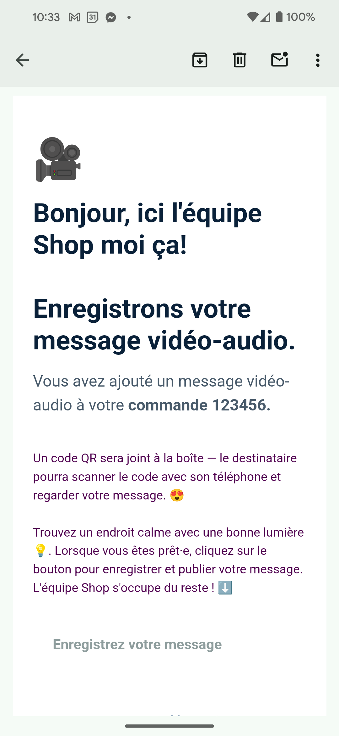 Ajouter un message vidéo-audio avec votre cadeau (vous enregistrerez après le paiement)