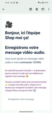 Ajouter un message vidéo-audio avec votre cadeau (vous enregistrerez après le paiement)