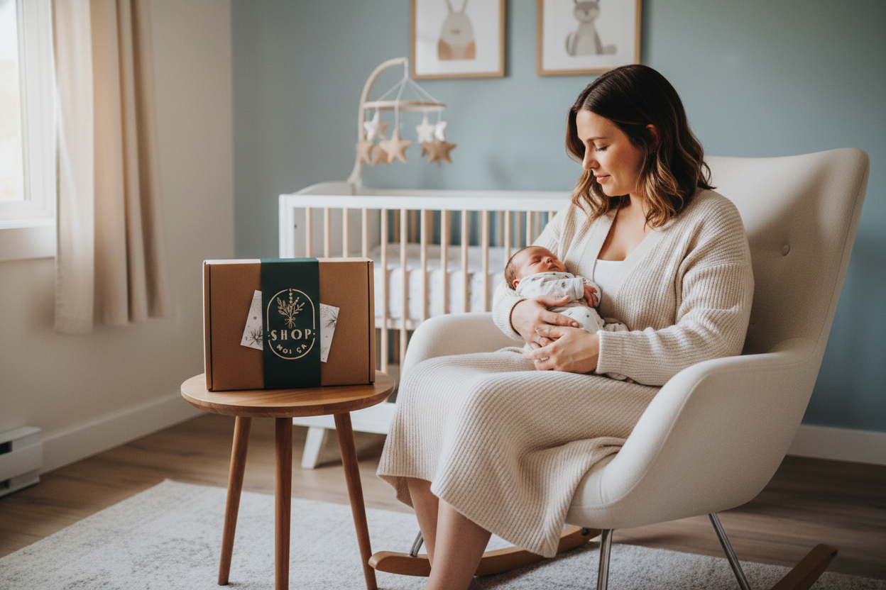 boîte cadeau de naissance corporative Shop moi ça présentée dans une chambre de bébé douce et apaisante