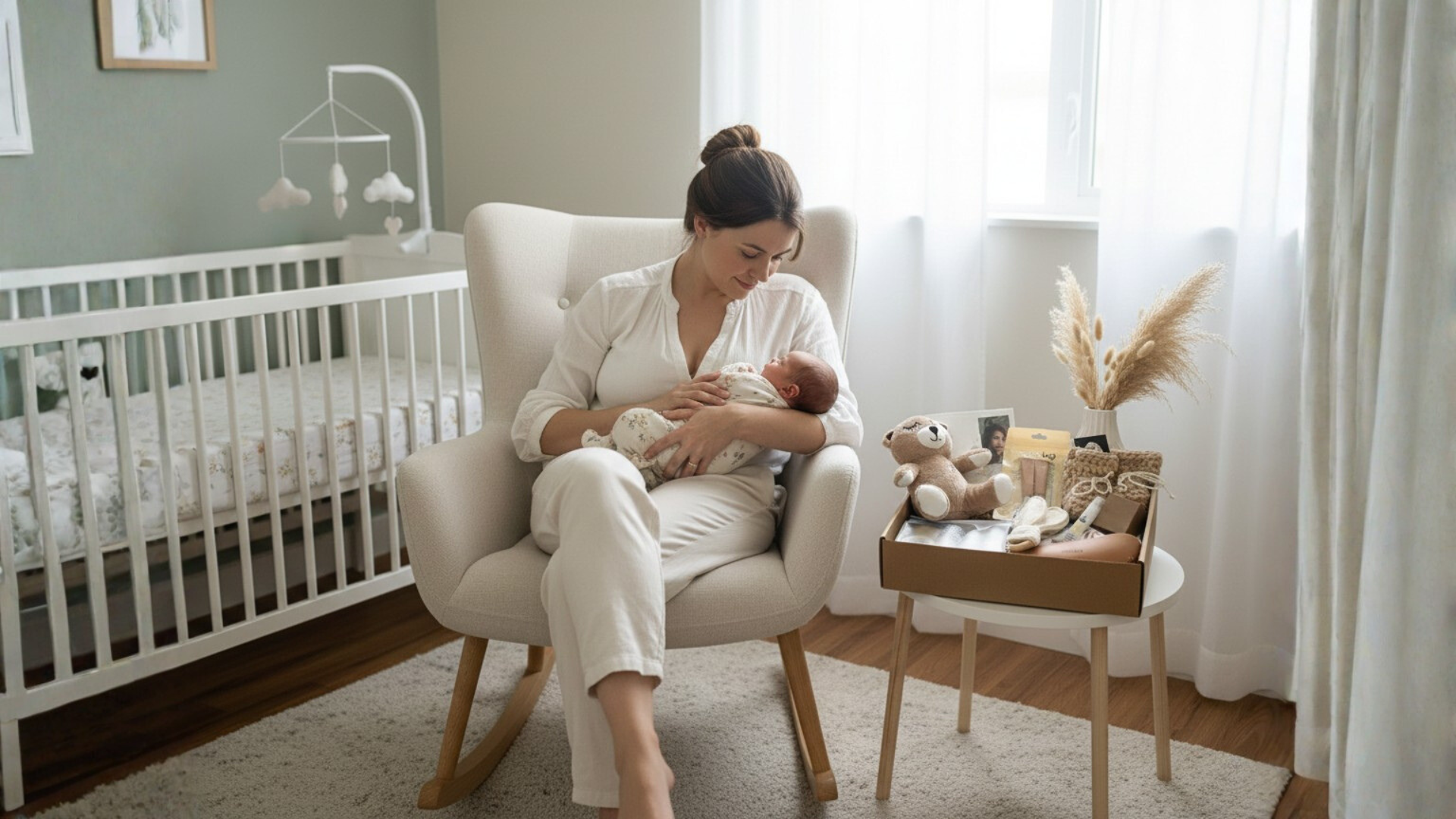 idée de cadeau de naissance pour entreprise avec produits pour bébé et parent, ambiance chaleureuse