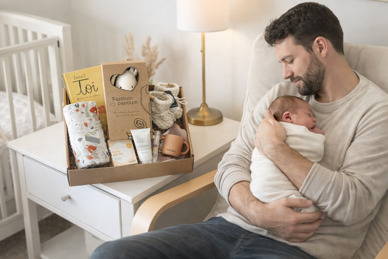 boîte cadeau de naissance corporative avec produits pour bébé, présentée dans un décor doux et apaisant